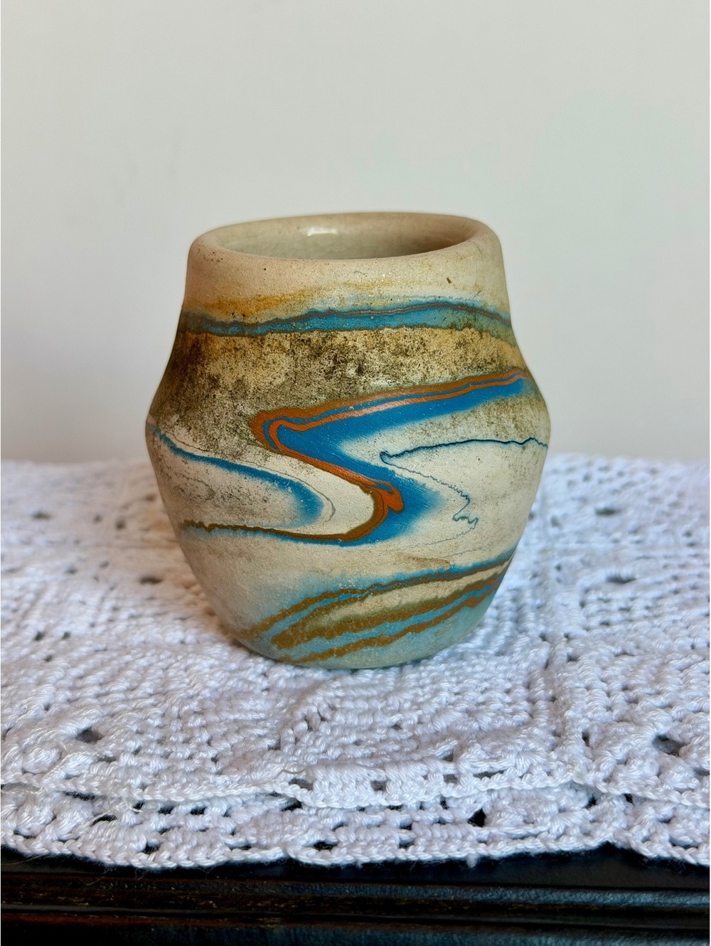 Vintage Nemadji Pottery Vase Southwestern Swirl Blue Orange USA Art Pottery
